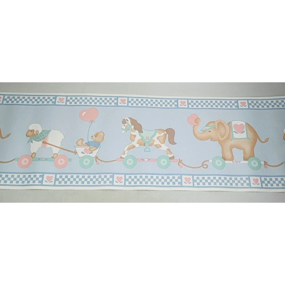 C&A Wallcoverings Animal Pull Toy Nursery Wallpaper Border Blue Check 5 Yds Vtg